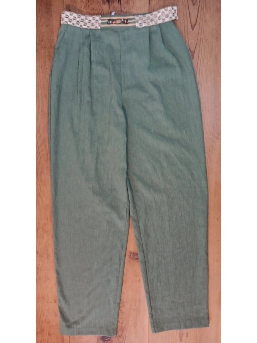 Vtg City Girl Nancy Bolen Women 14 Boho Pants Olive Button Waist Beads USA Made